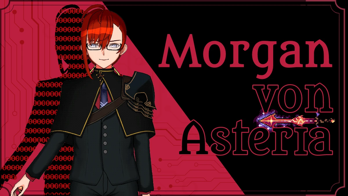 An image of Morgan von Asteria, a cartoon drawing of a person with red hair and a formal outfit.